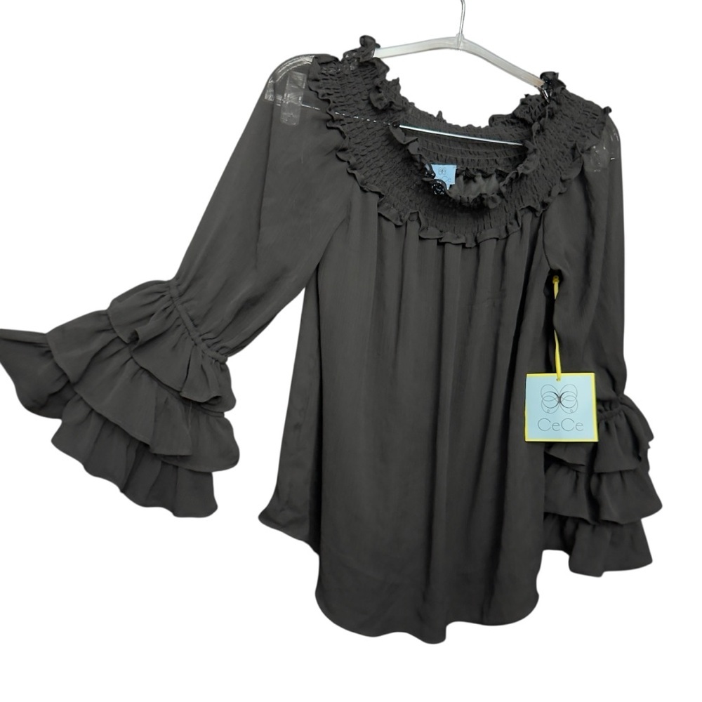 CeCe XS Black Smocked Neck Ruffle Sleeve Blouse Top NWT - Picture 2 of 8
